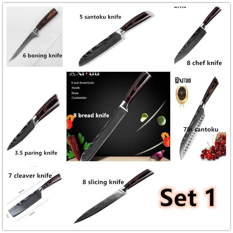 7Cr17 stainless steel kitchen knife with laser Damascus pattern on blade and colour steel handle.