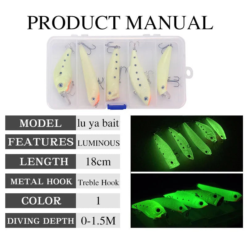 Set of five multi-colour 3D fluorescent hard fishing lures with luminous details.