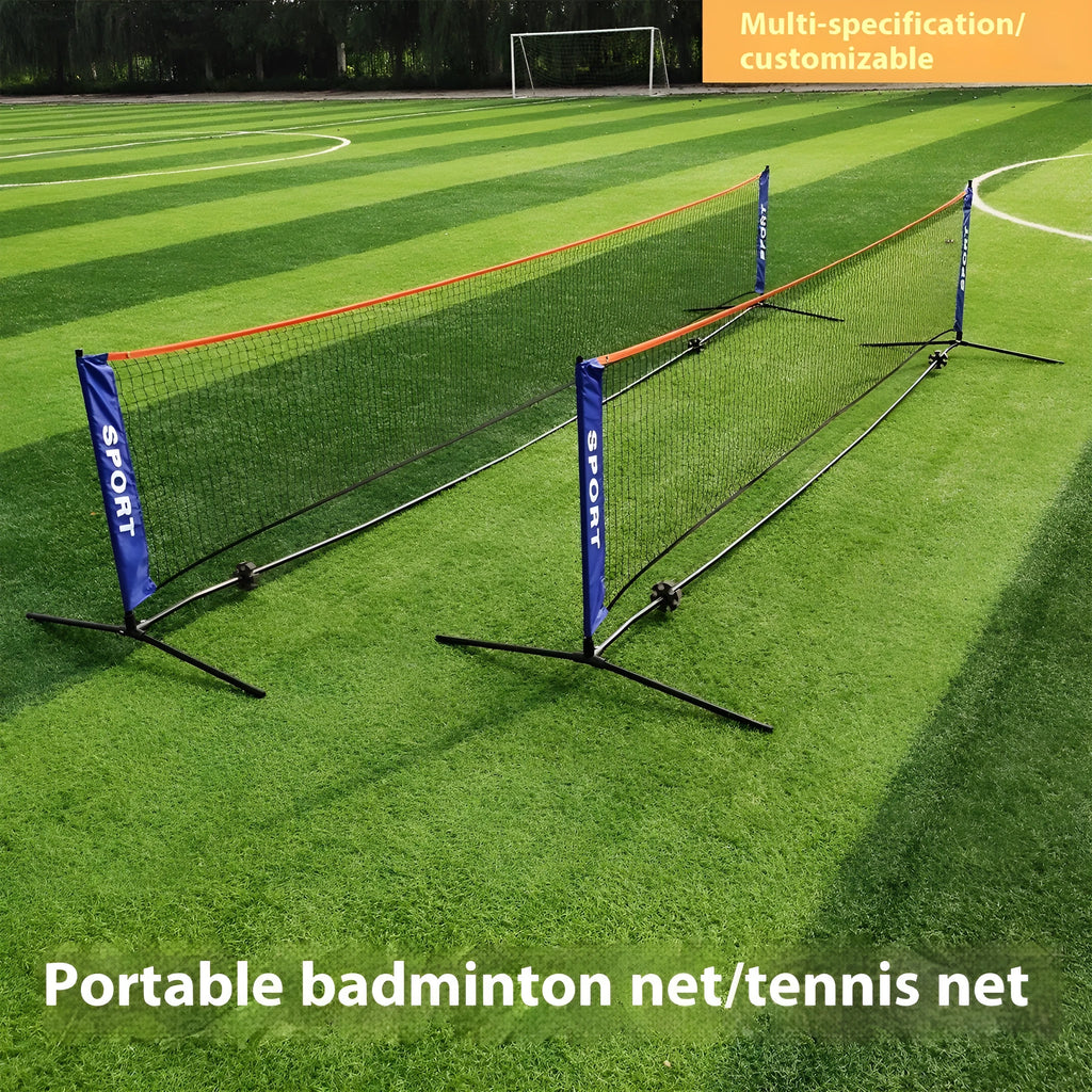 Portable folding badminton bracket and net set with white PE plastic construction showing four length options