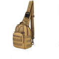 Compact camouflage tactical backpack with MOLLE webbing on front, carried as a shoulder bag.