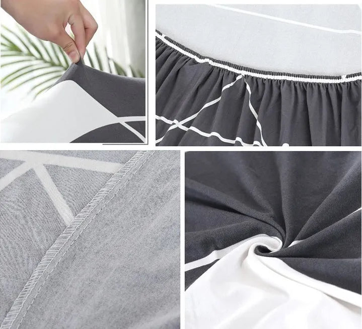 L-shaped stretch sofa cover with elastic fabric and sponge strip design on a grey sofa