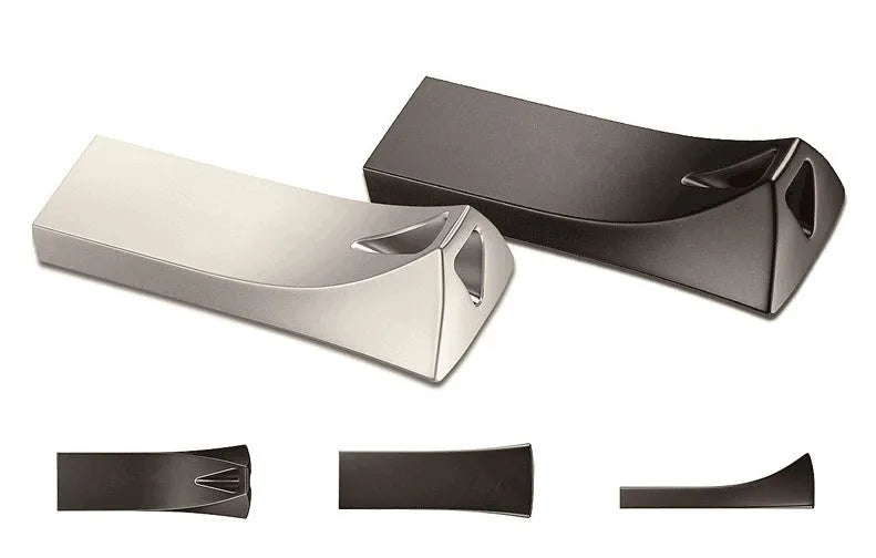 Small triangle metal USB drive with USB 2.0 interface, write protection switch, and indicator light