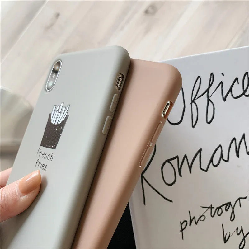 Silicone iPhone case with soft matte finish showing ice coffee and french fries couple patterns