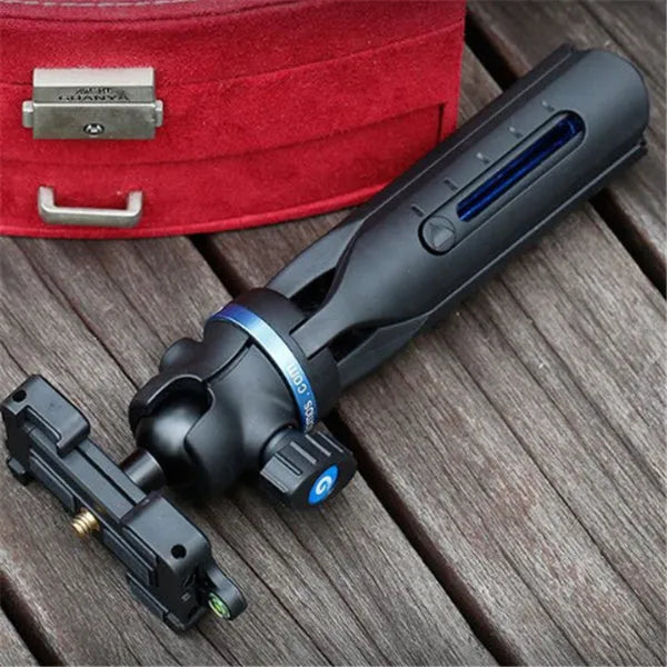 Black desktop mobile phone tripod for Apple iPhone and Huawei P30 models.