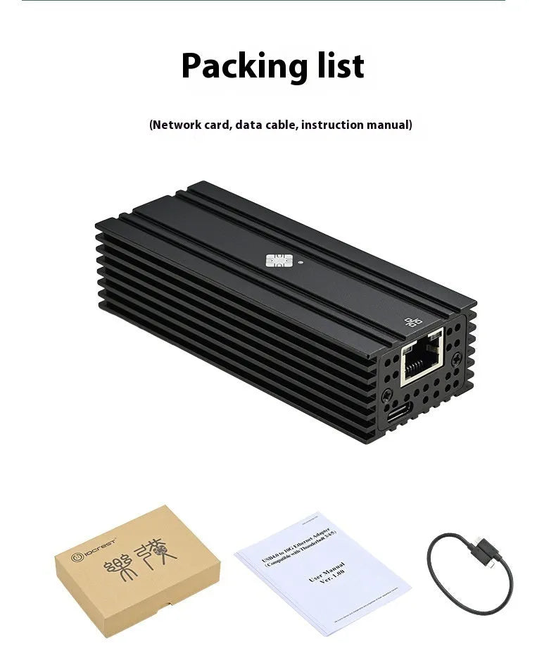 Black Leyu USB4 to 10 Gigabit Ethernet network adapter with RJ45 port and 20cm cable