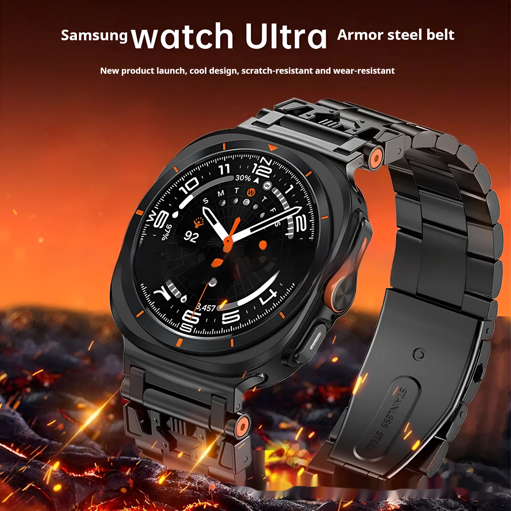 Three steel band armor metal watch strap for Samsung in black finish