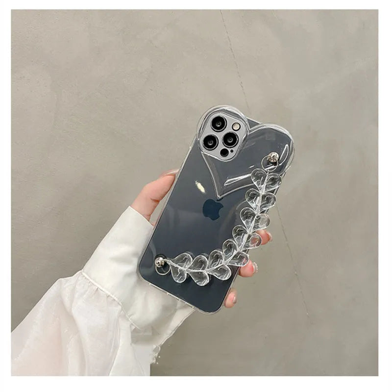 Transparent iPhone case with love heart chain bracelet design on soft TPU material