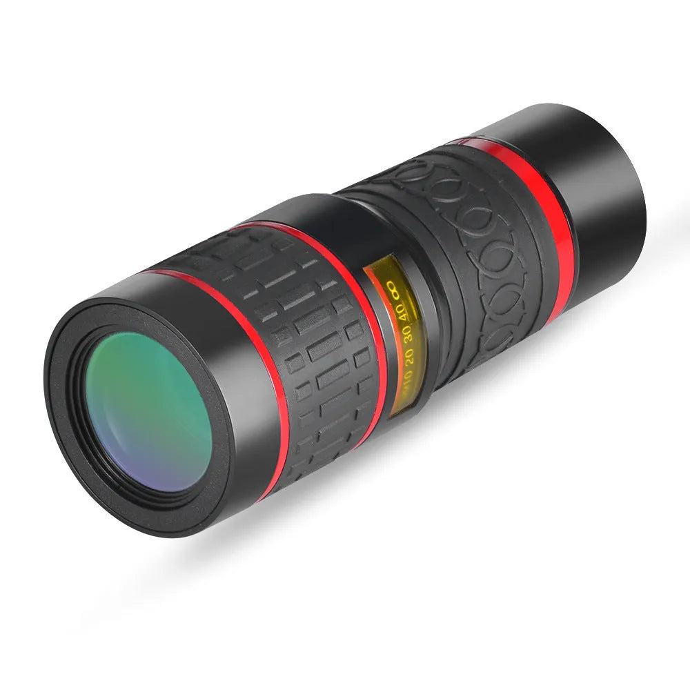 20x magnification mobile phone telescope with optical glass lens and universal mounting clip.