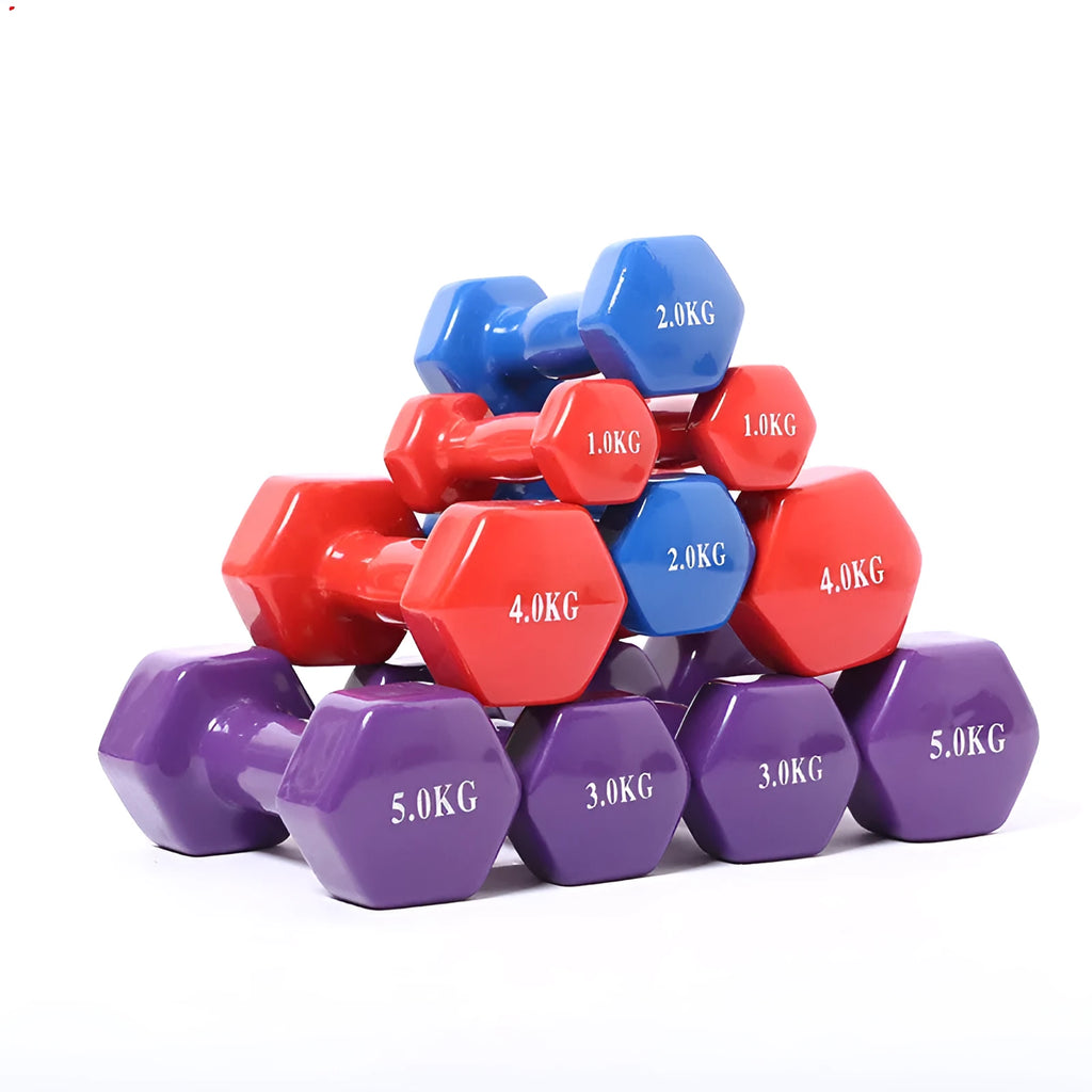 Set of bright coloured plastic fitness dumbbells showing 0.5kg, 1kg, and 1.5kg weights on a floor.