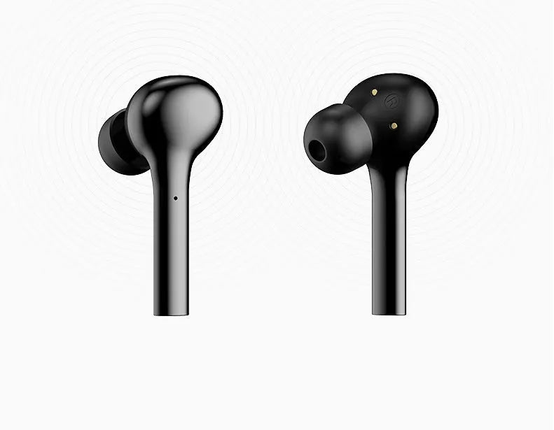 Black and white wireless touch-control earbuds with charging case