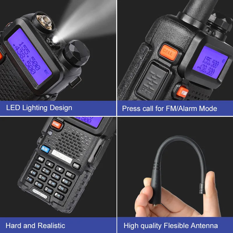 Professional black walkie talkie with antenna showing dual-band UHF VHF operation and 128 channel capacity