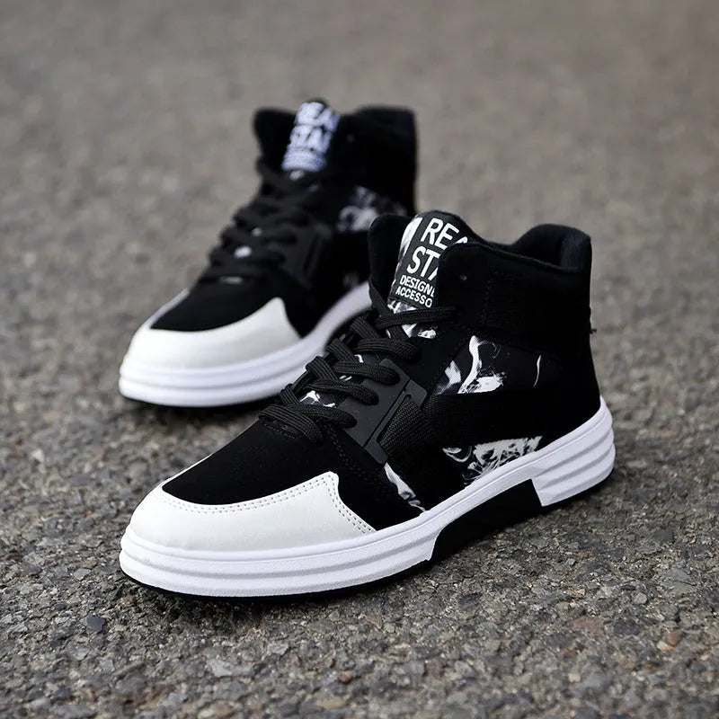 Camouflage high-top lace-up shoes with suede leather upper and non-slip rubber sole, available in black blue, black red, and black white.