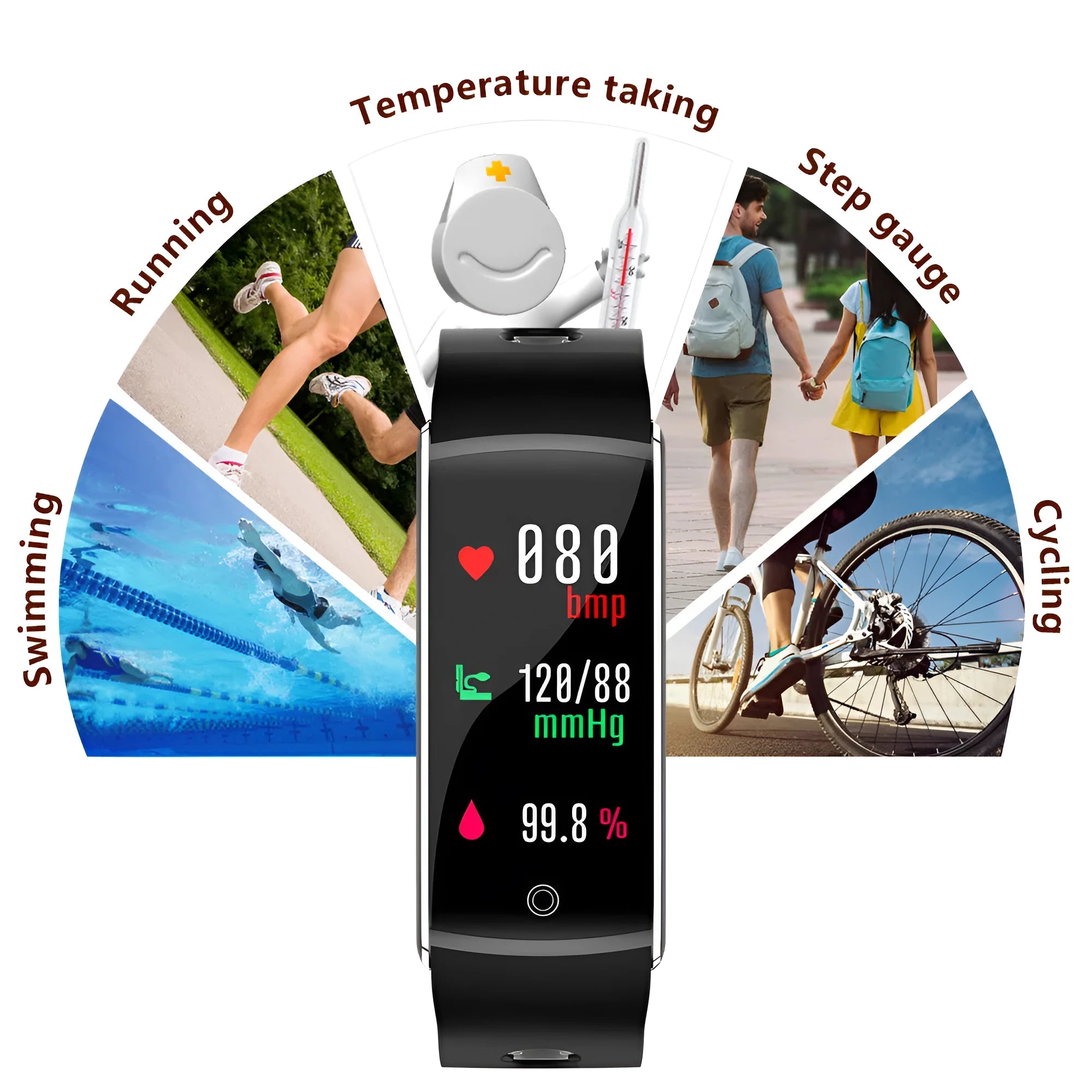 F10T smart bracelet with body temperature monitoring on a wrist, showing its 0.96-inch colour screen and silicone strap.