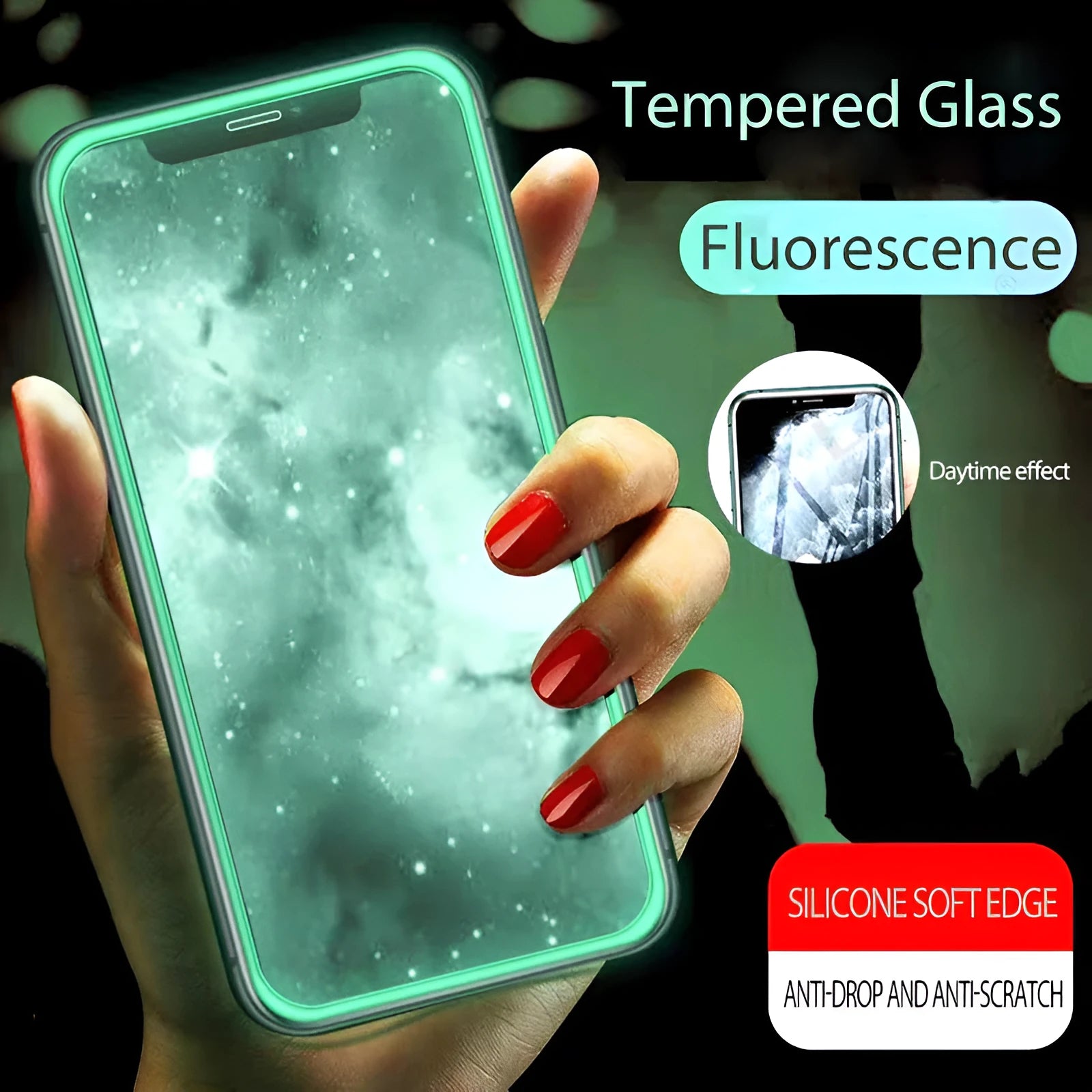 Luminous full cover tempered glass screen protector glowing in the dark for iPhone.