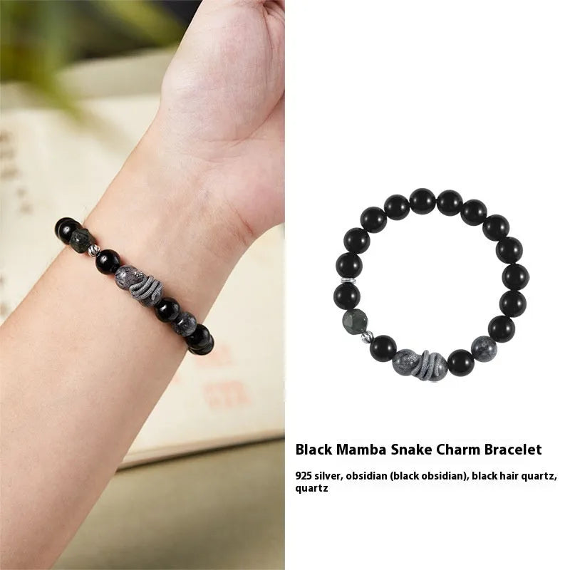 Men's S925 sterling silver bracelet with obsidian stone and retro snake design