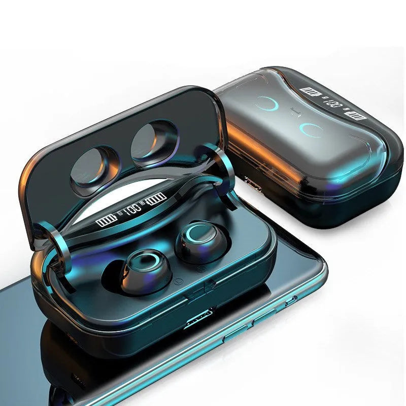 Black running in-ear Bluetooth headset with Bluetooth 5.0, stereo sound, and earplug-type binaural design