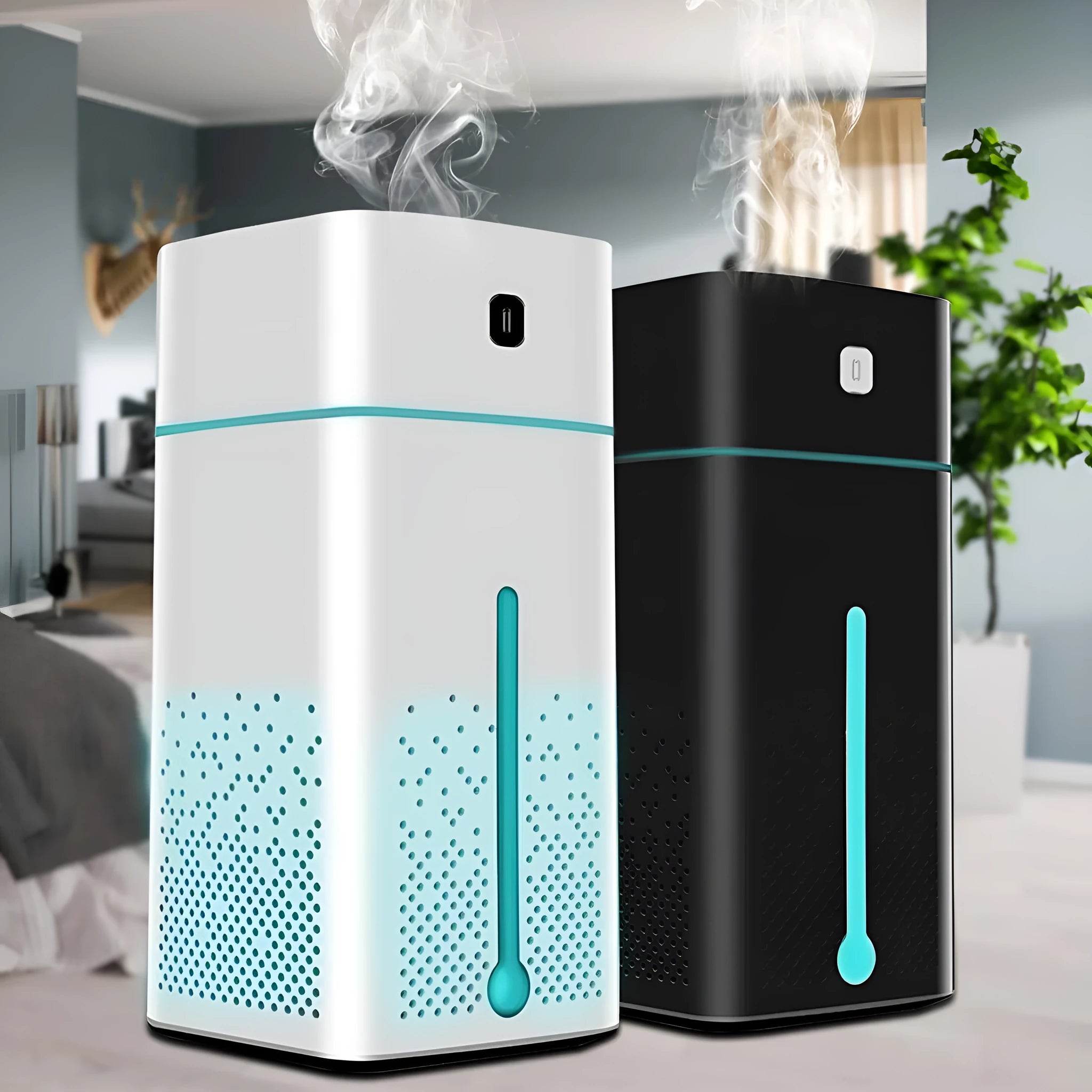 A compact black or white desktop humidifier with USB cable, standing 218mm tall on a wooden desk.