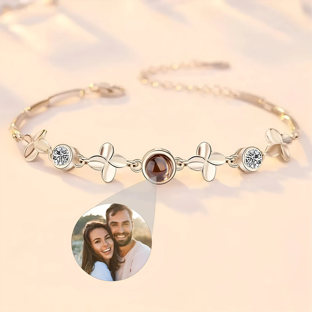 Women's sterling silver projection photo bracelet with white leaf and flower design and diamond-cut finish