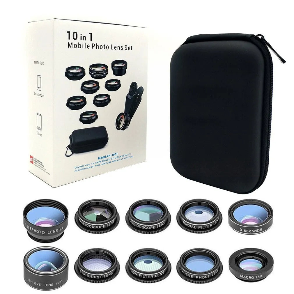 Black ten-in-one smartphone fisheye lens set with aluminium-magnesium alloy frame