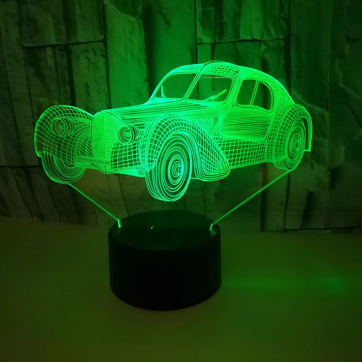 Classic car 3D USB night light with 7 colour touch and remote control on a desk