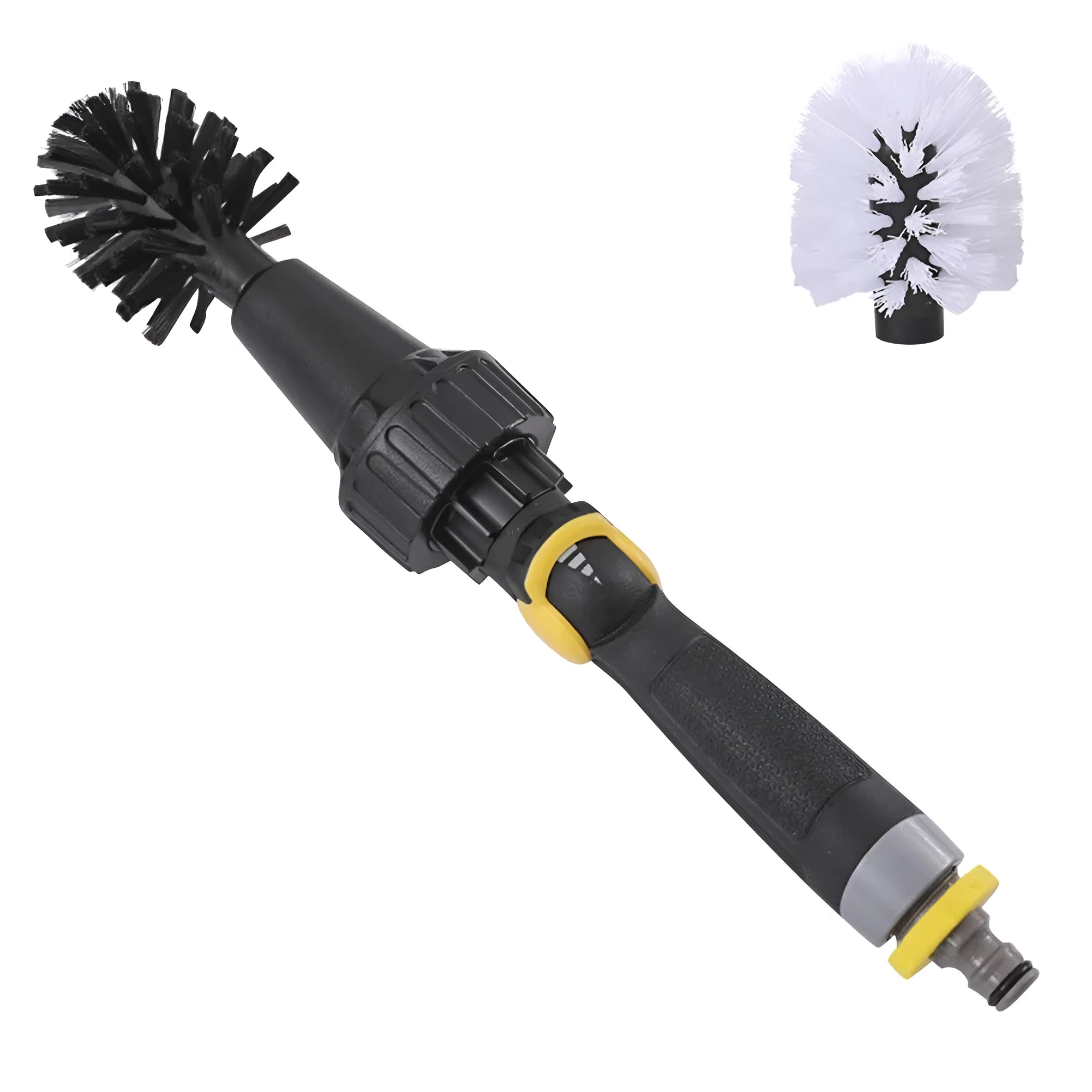 Black water-powered wheel brush 38cm long with soft and rigid brush heads connected to garden hose for tyre cleaning