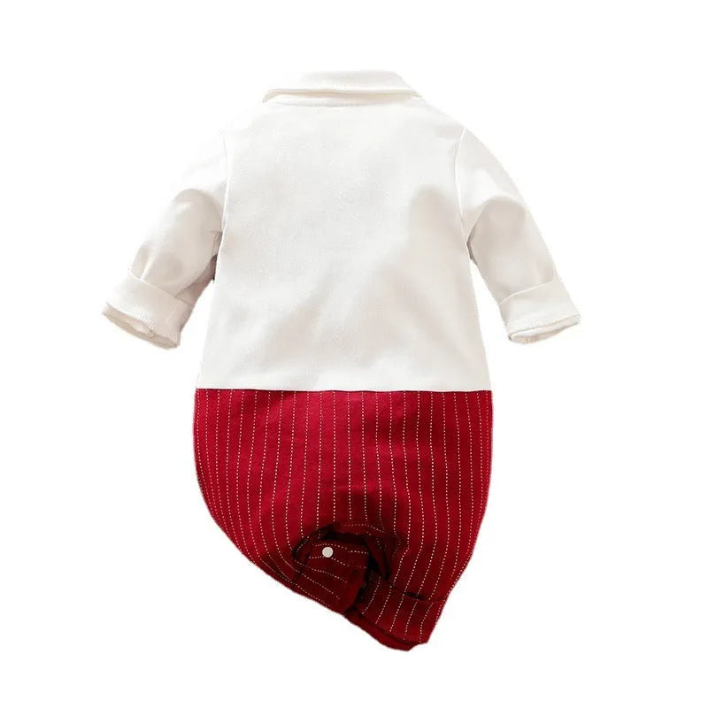 Baby boy wearing a wine red cotton gentleman jumpsuit with long sleeves and single-breasted closure.