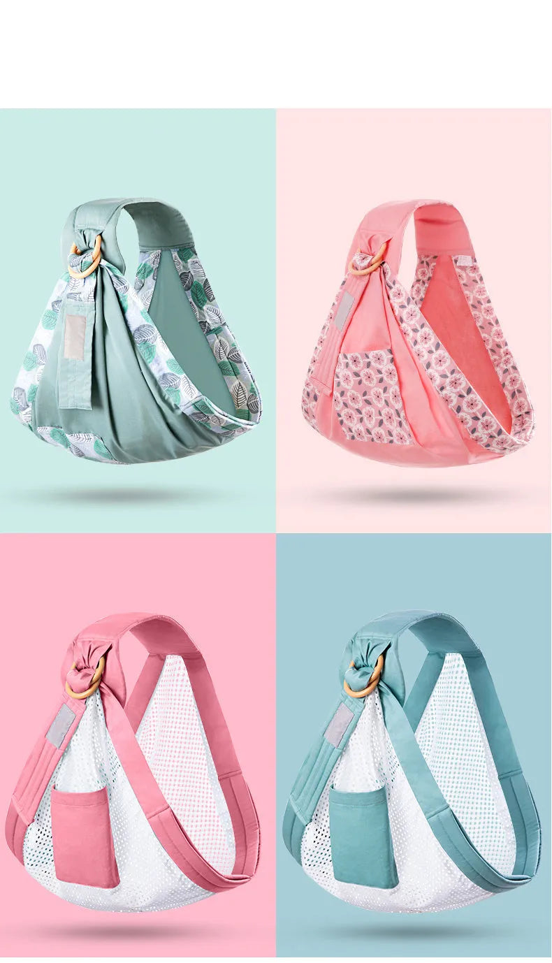 Adjustable baby wrap carrier sling in various colours, shown as a cotton or mesh infant carrier and nursing cover.