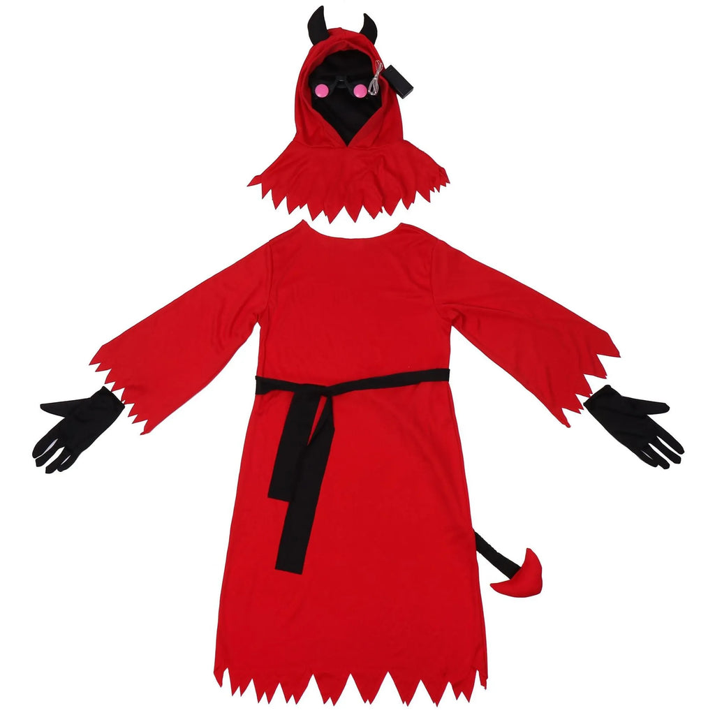 Red polyester Halloween demon costume with horned hood, serrated dress, plush tail, and wrist gloves