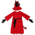Red polyester Halloween demon costume with horned hood, serrated dress, plush tail, and wrist gloves