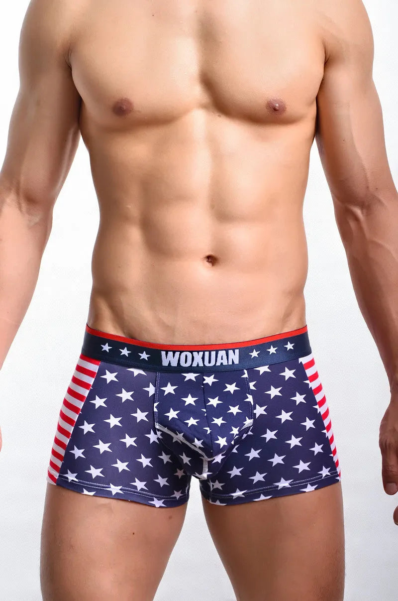 American flag printed ribbed boxers in red, cotton spandex blend, sizes S-XL