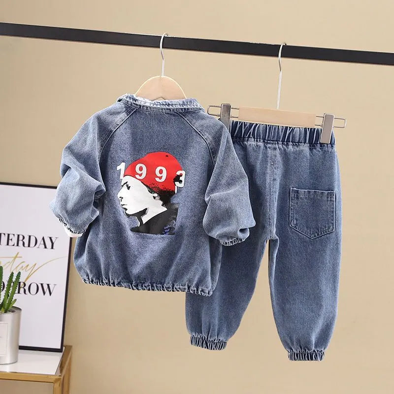 Boys' black denim two-piece suit set with long sleeves and coordinated trousers