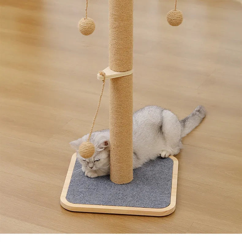 Natural pine wood cat climbing frame with a tufted post and a white windmill-style hanging ball toy.