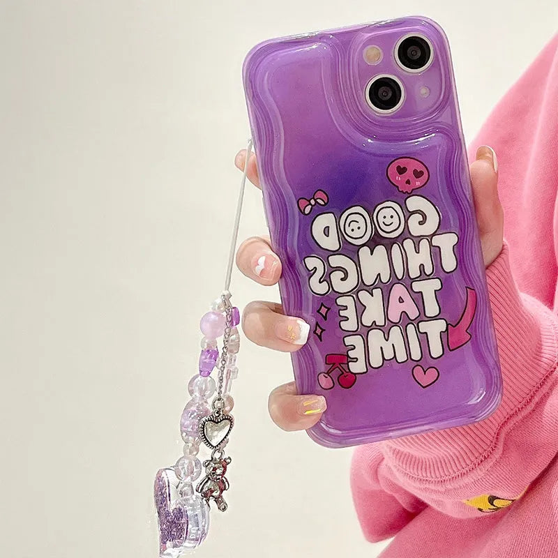 Purple English graffiti design iPhone case with love pendant charm and a lanyard attachment hole.