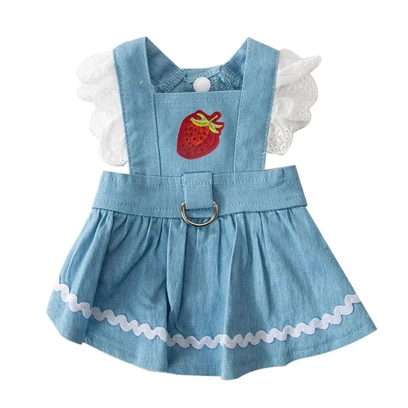 Strawberry traction print denim skirt dog clothes in Bondi Blue colour on small dog