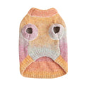 A soft rainbow circle patterned pet sweater in Dopamine style, shown on a mannequin, available in sizes S to XXL.