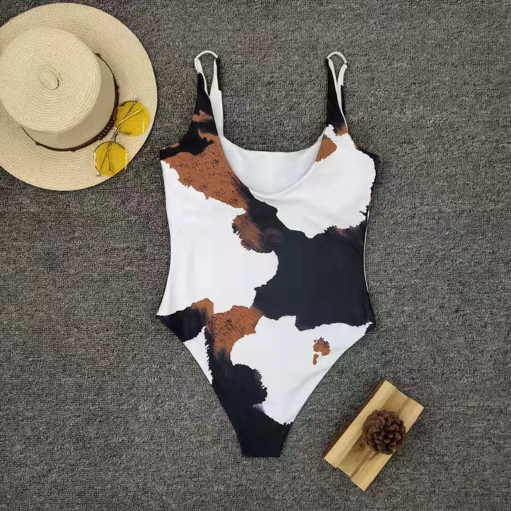 Women's white printed polyester split bikini set with briefs bottoms
