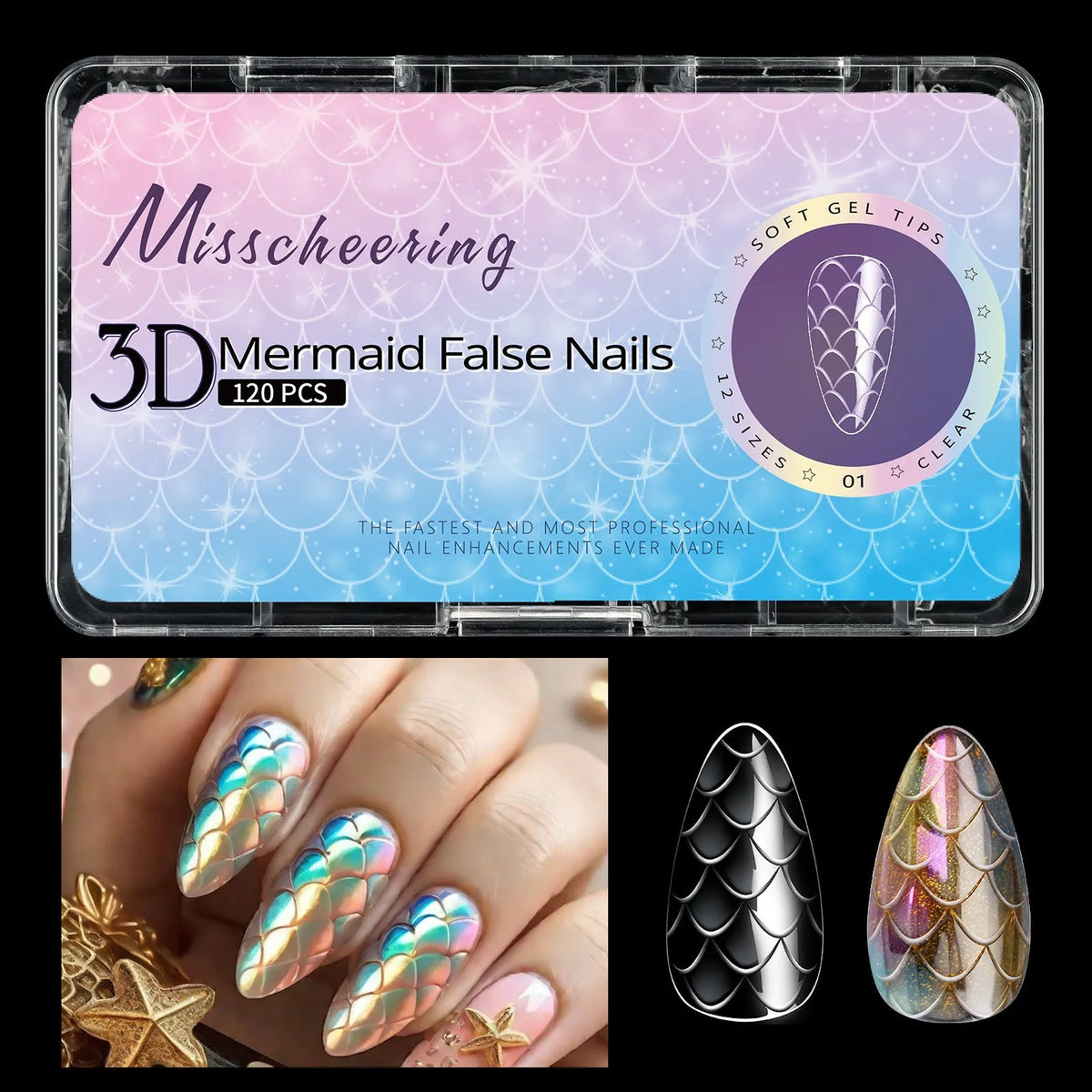 3D scale long shaping nail tips in colour-coded packaging for professional manicures
