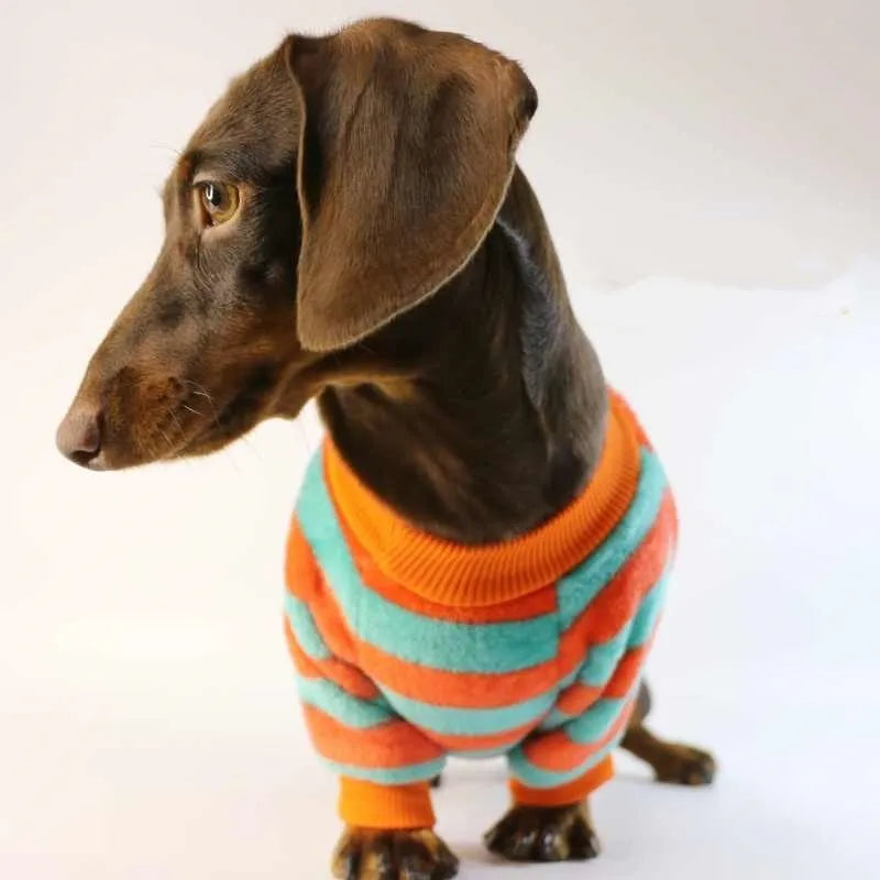 Orange red and white striped casual sweatshirt for a dog, featuring a round neck.
