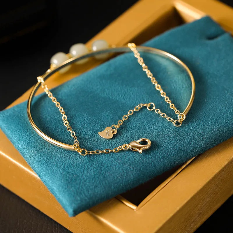 Hetian jade lucky beads bracelet with gold inlay in women's style