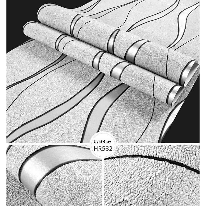 Close-up of light grey 3D curve stripe wallpaper with thick deerskin velvet texture and raised pattern.