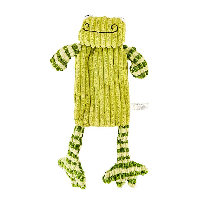 Green and orange durable rubber dog toy with squeaker for aggressive chewers.