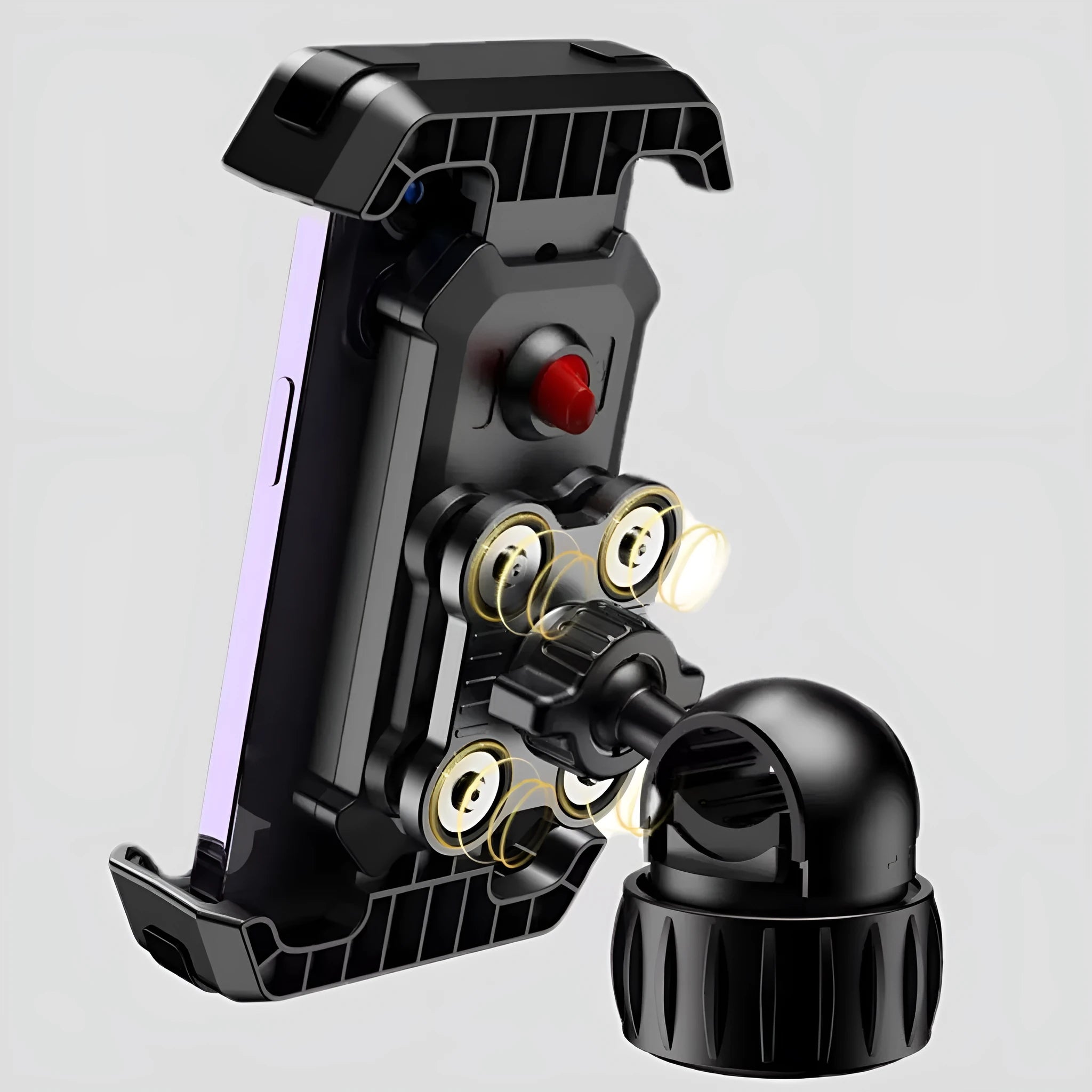 Black cycling phone navigation bracket mounted on bicycle handlebars showing adjustable grip mechanism