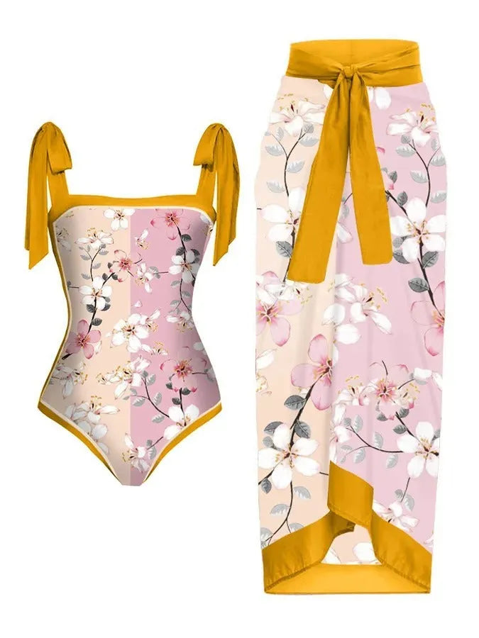 Women's printed chiffon swimsuit with hip skirt in floral pattern