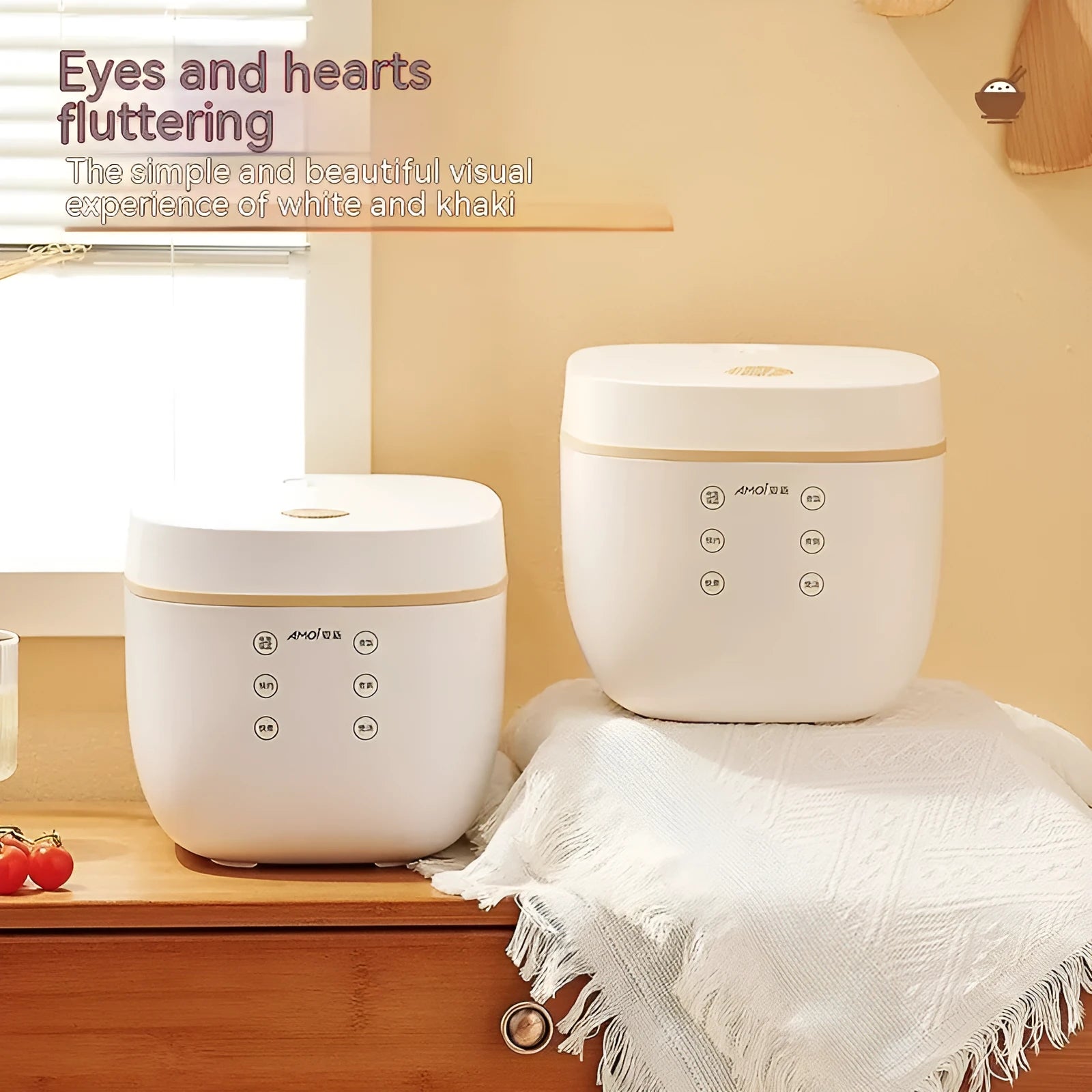 White or beige plastic rice cooker with black crystal inner pot and digital display