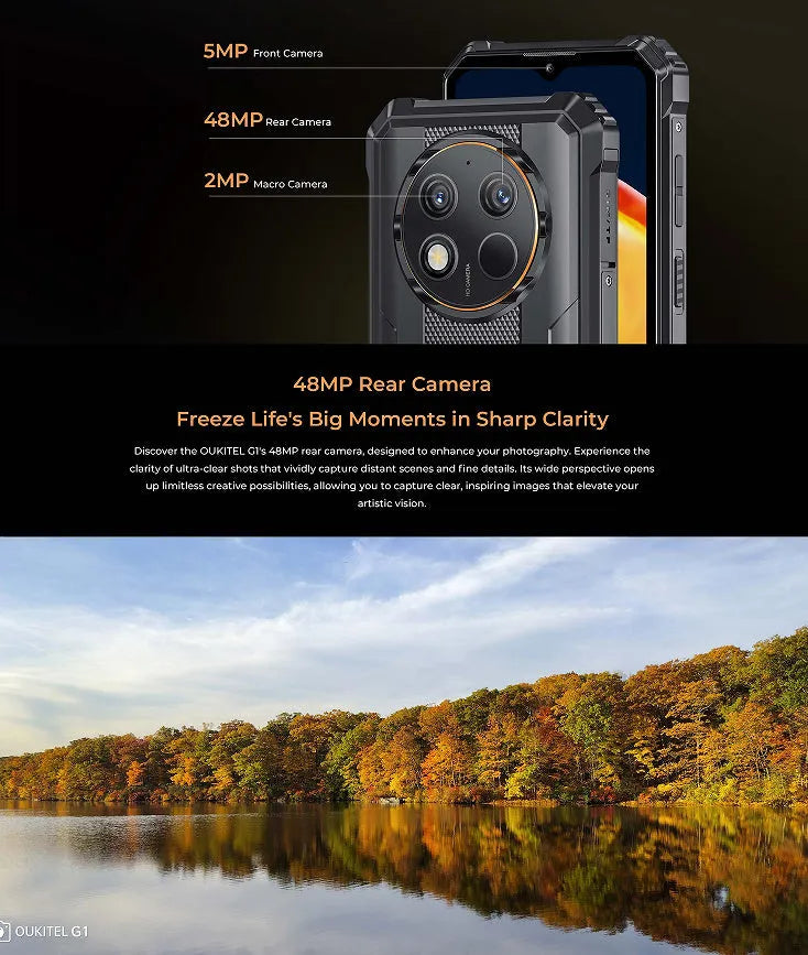 OUKITEL G1 mobile phone in grey, green, or orange colour options