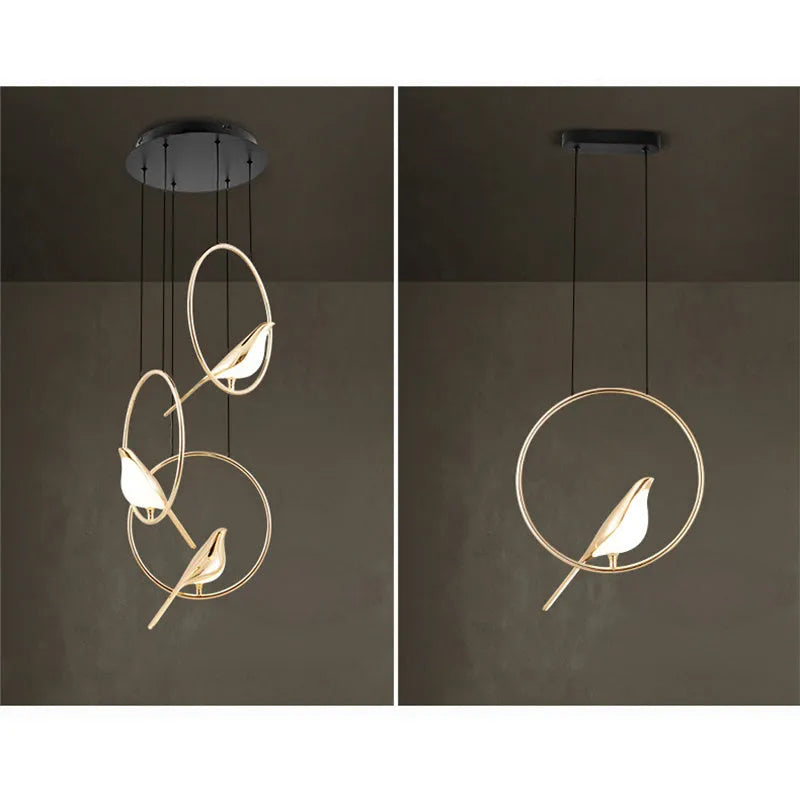Modern linear magpie bird chandelier with zinc alloy frame and acrylic details, 150cm long.