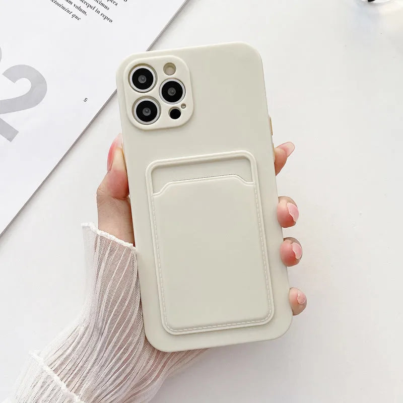Card fine hole liquid phone case in TPU for Apple iPhone with card slot in back, black colour, simple style