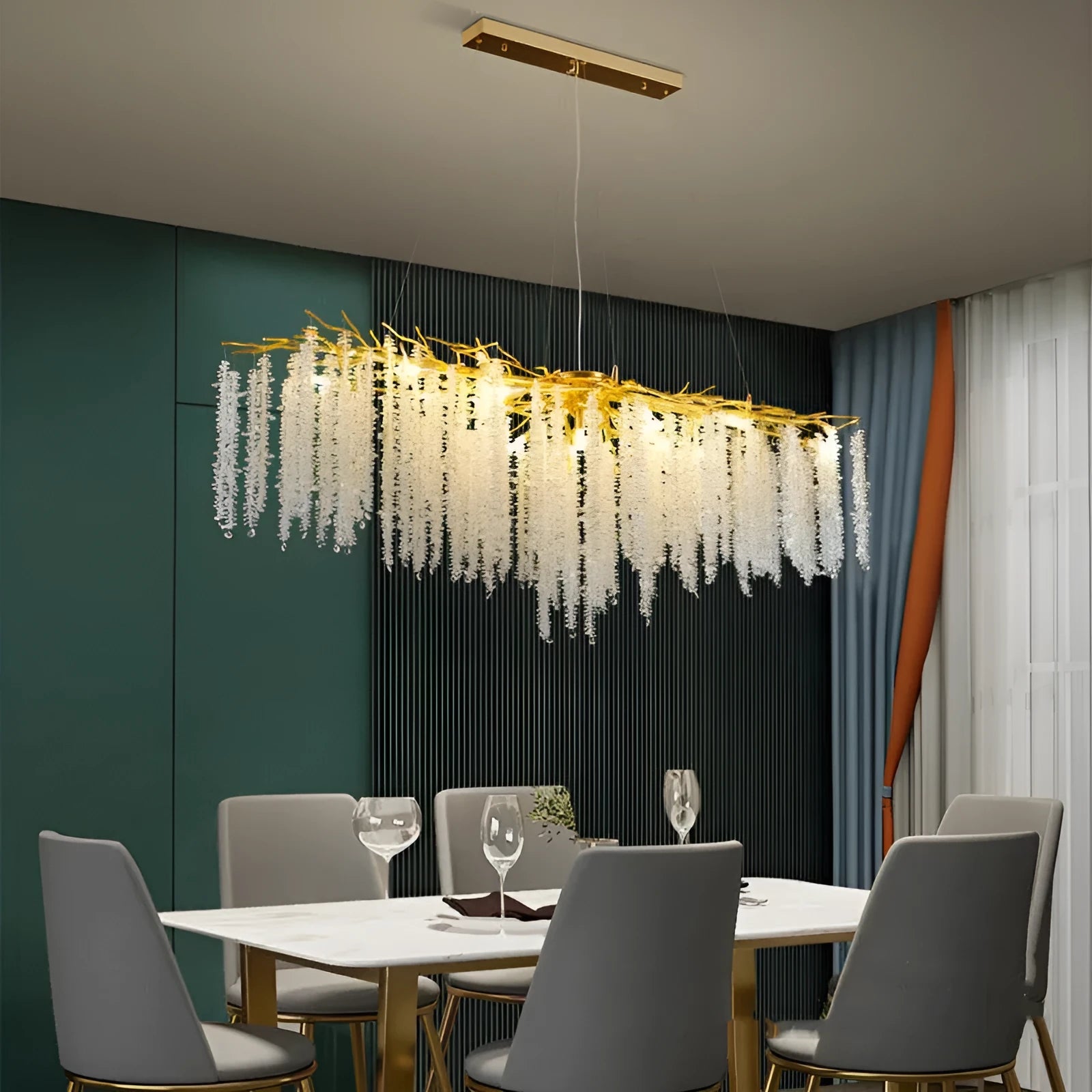 Modern crystal chandelier with adjustable height and LED lighting in a light luxury style.