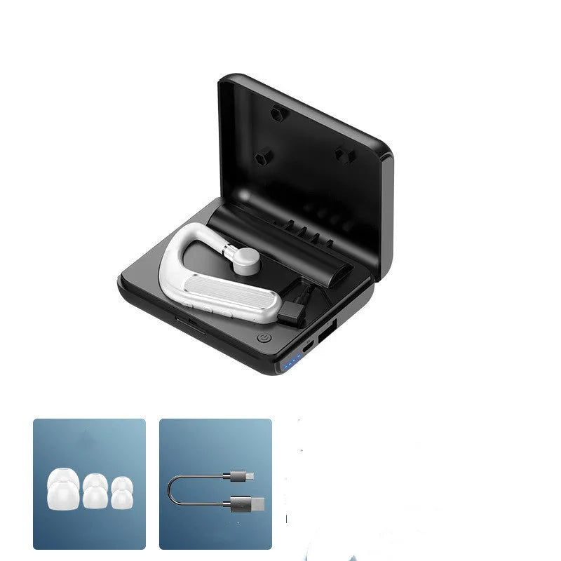 Black Bluetooth hanging-ear earphones for sports, shown with charging case and spare ear caps.
