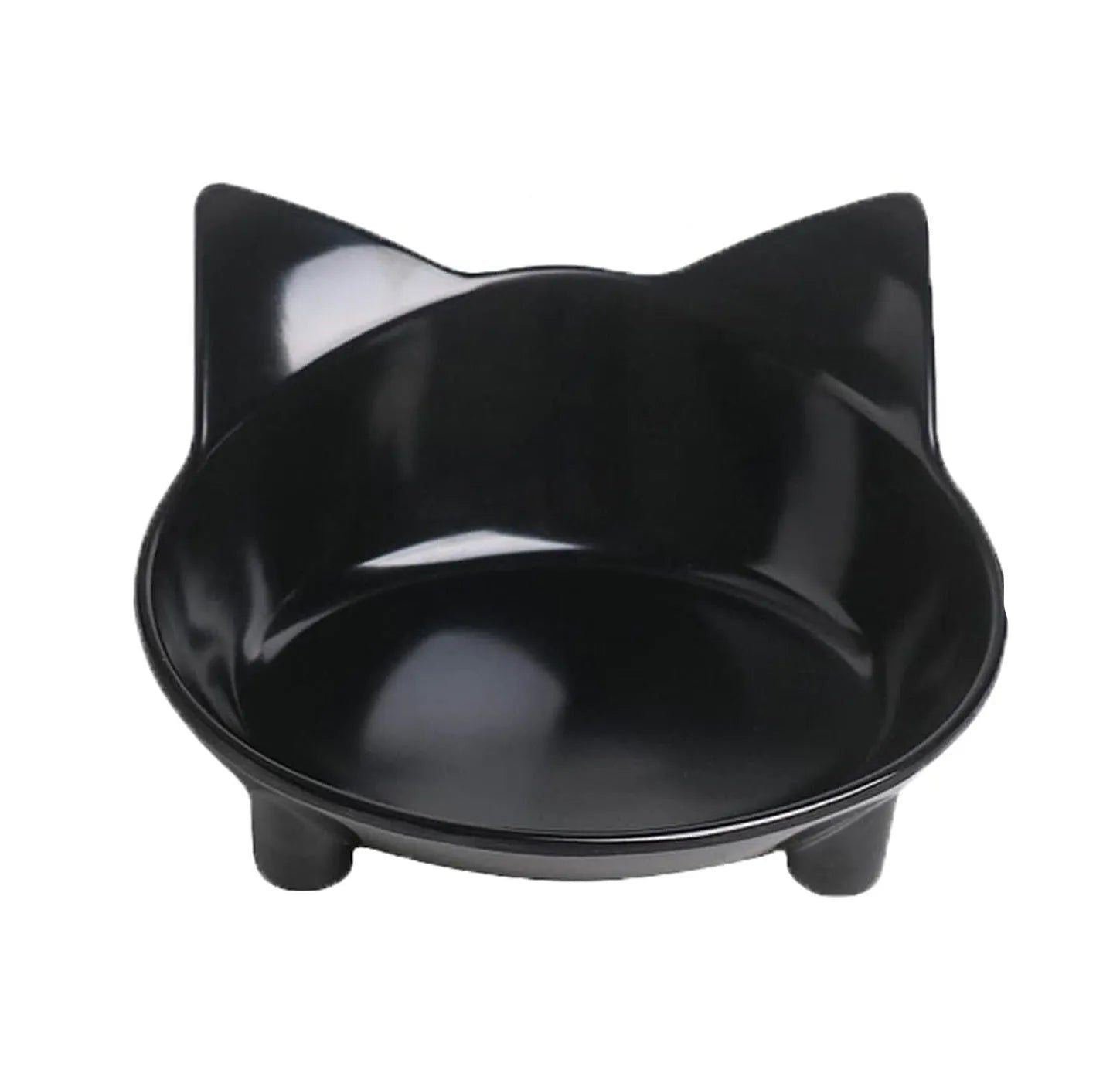 Shallow black melamine cat bowl with non-slip rubber base on a kitchen counter.